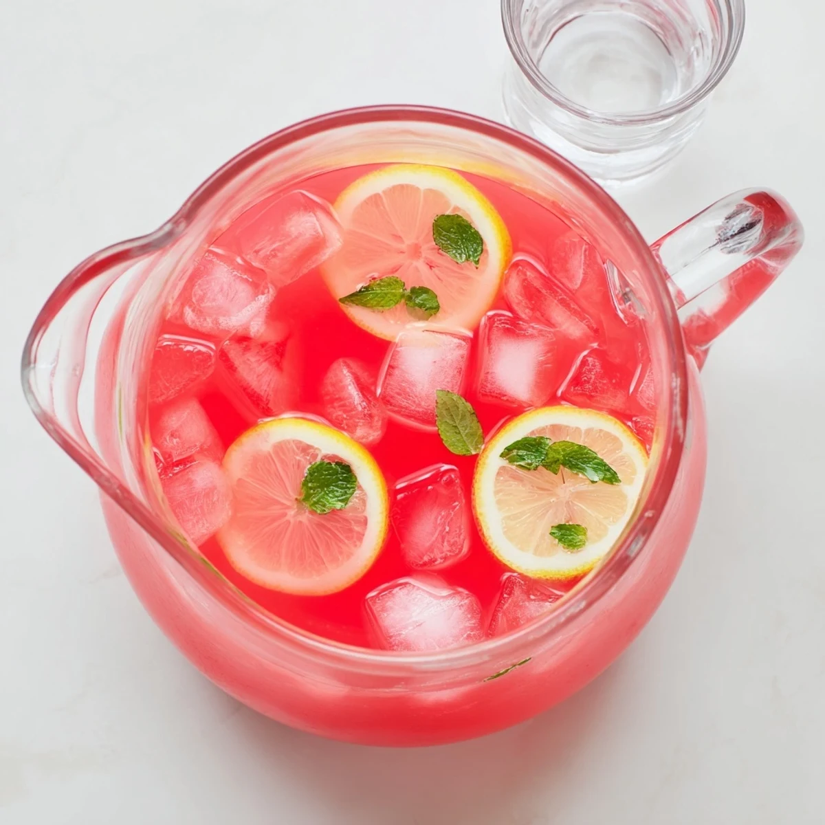 Glossy pink watermelon lemonade pitcher garnished with fresh lemon slices and green mint sprigs on a sunny wooden table