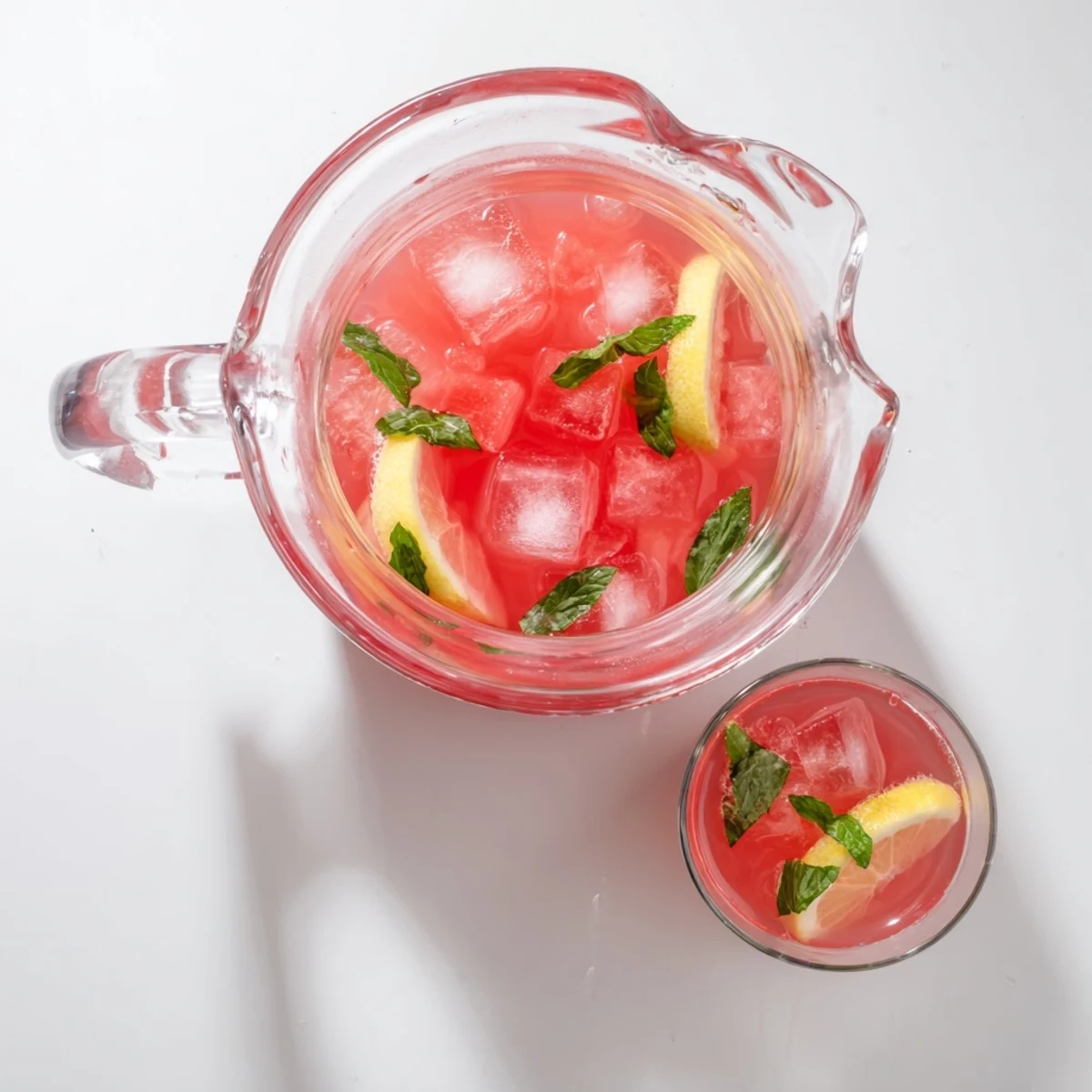 Sparkling watermelon lemonade drink with vibrant pink color, ice cubes, and lemon wheel garnish for summer parties