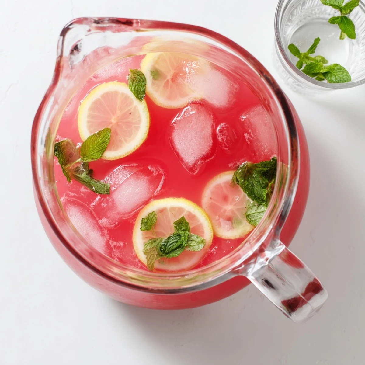 Refreshing watermelon lemonade served in tall ice-filled glasses with floating watermelon chunks and mint leaves