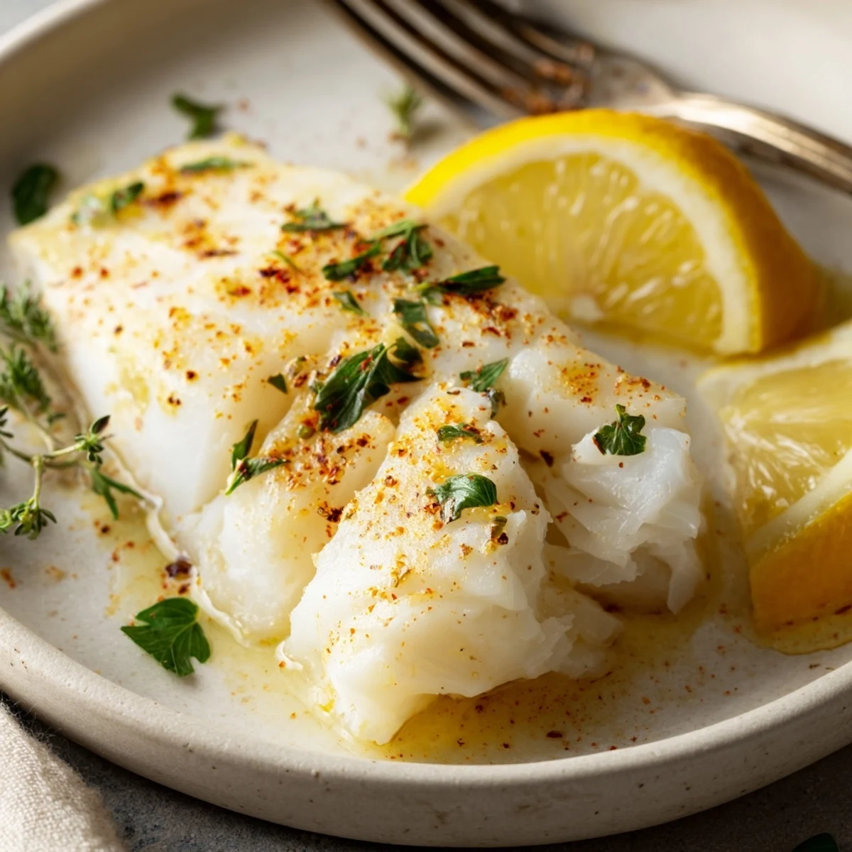 Golden baked cod fillets topped with fresh herbs and lemon slices on a white plate