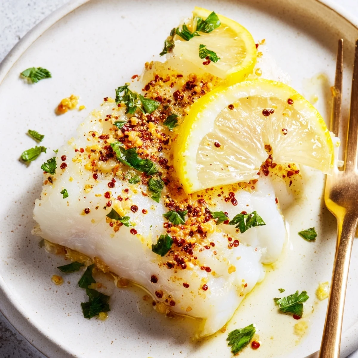 Flaky baked cod seasoned with smoked paprika and herbs served with roasted vegetables