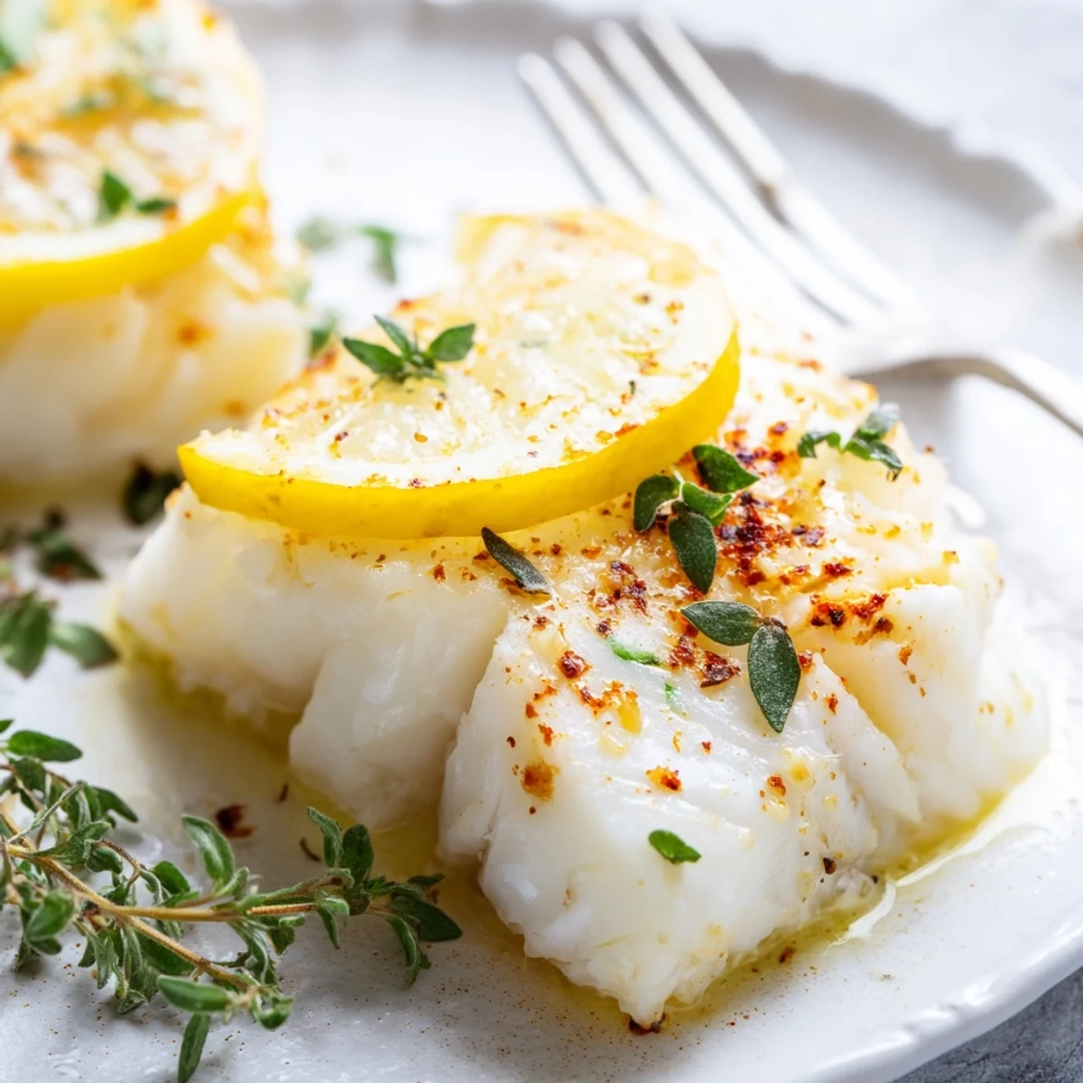 Tender baked cod with garlic lemon marinade garnished with green parsley and thyme