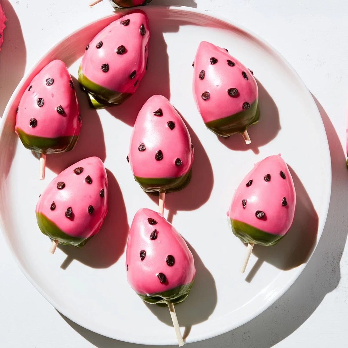Pink watermelon cake pops on sticks decorated with chocolate seeds and green rind