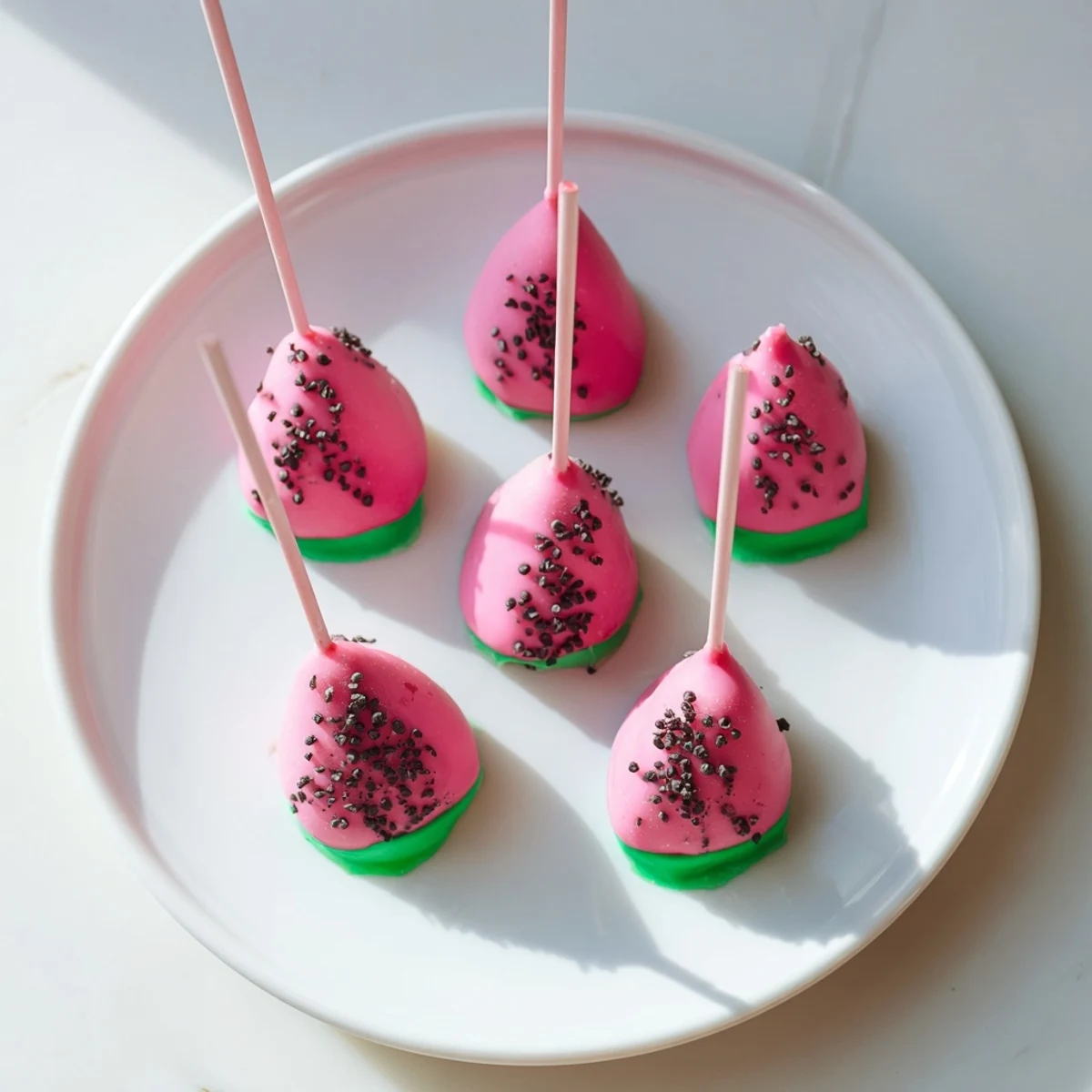Bite-sized watermelon cake pops displayed on serving tray with mini chocolate chip seeds