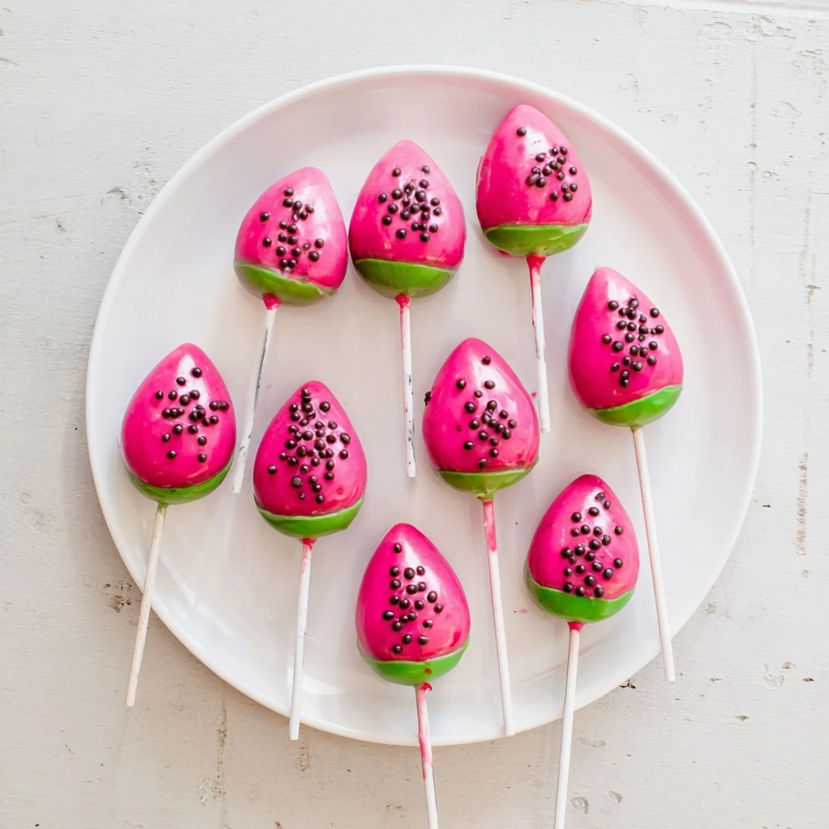 Summer watermelon cake pops with red candy coating and green chocolate rind details