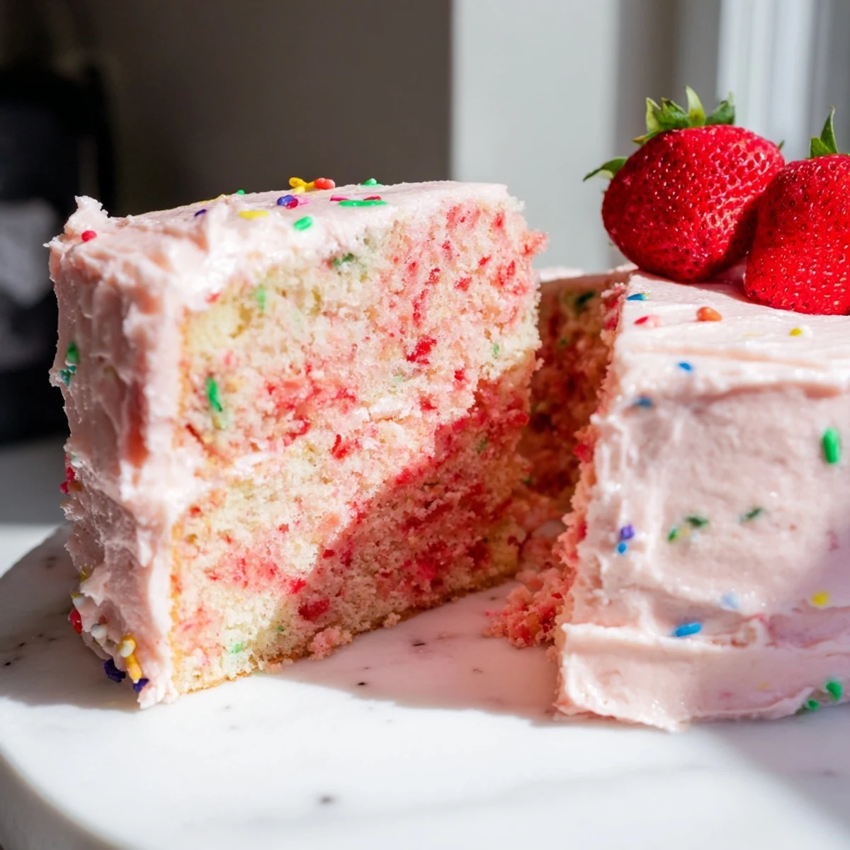 Layered strawberry Funfetti cake frosted with creamy strawberry buttercream and fresh strawberry garnish