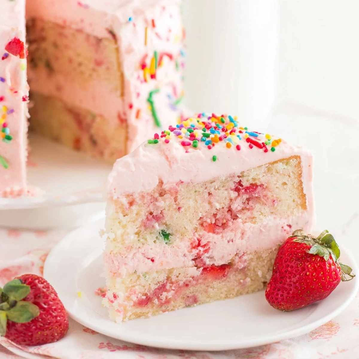 Strawberry Funfetti cake with pink strawberry buttercream and colorful rainbow sprinkles on top