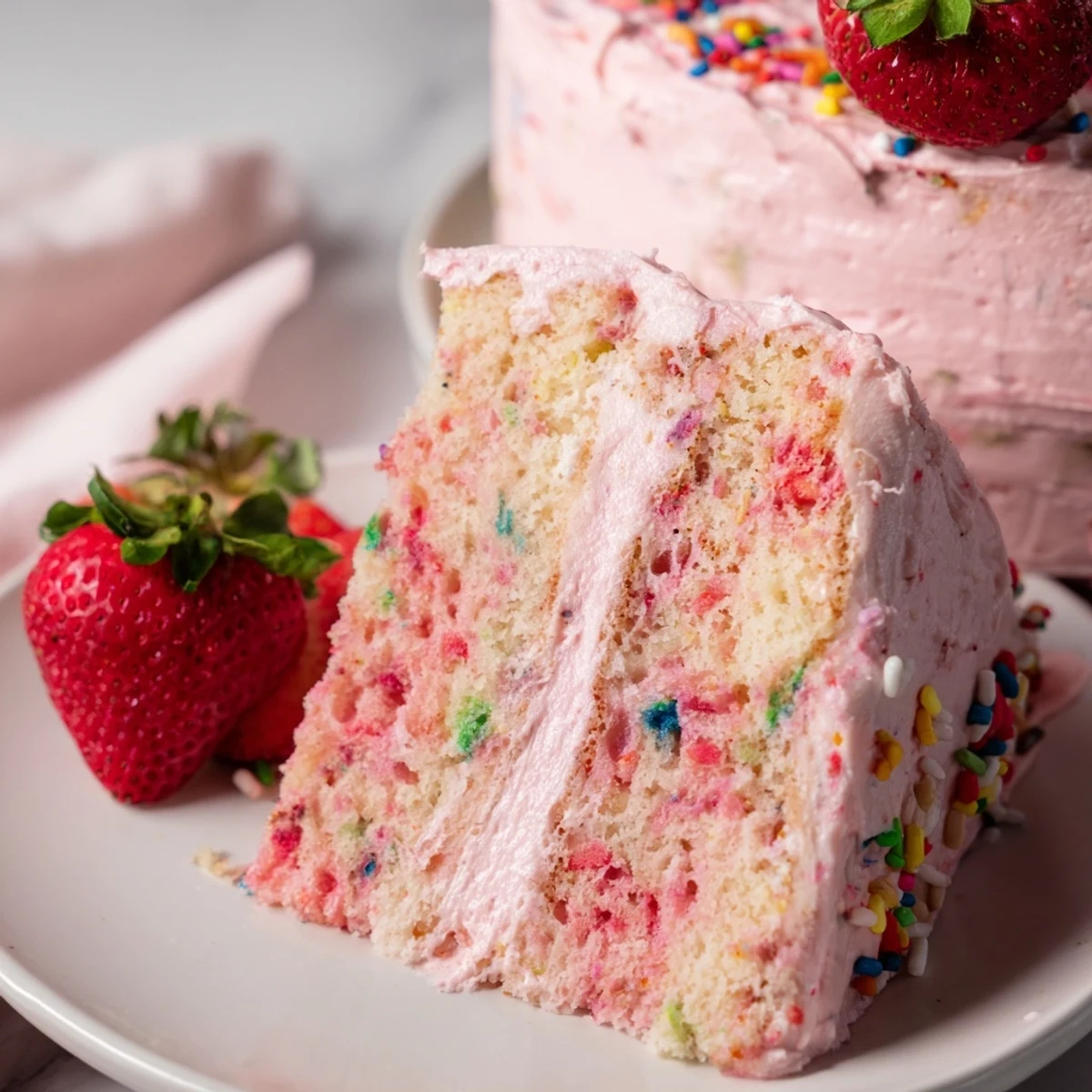 Slice of strawberry Funfetti cake showing fluffy texture with rainbow sprinkles throughout pink frosting