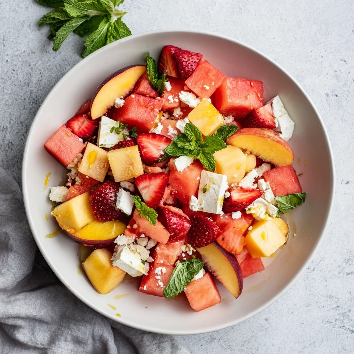 Fresh summer peach watermelon salad with juicy watermelon cubes and ripe peach slices tossed with mint