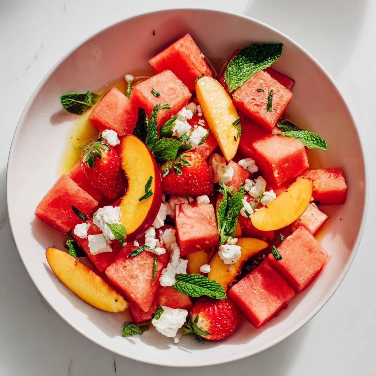 Vibrant bowl of summer peach watermelon salad featuring cubed melon and sliced peaches with crumbled feta