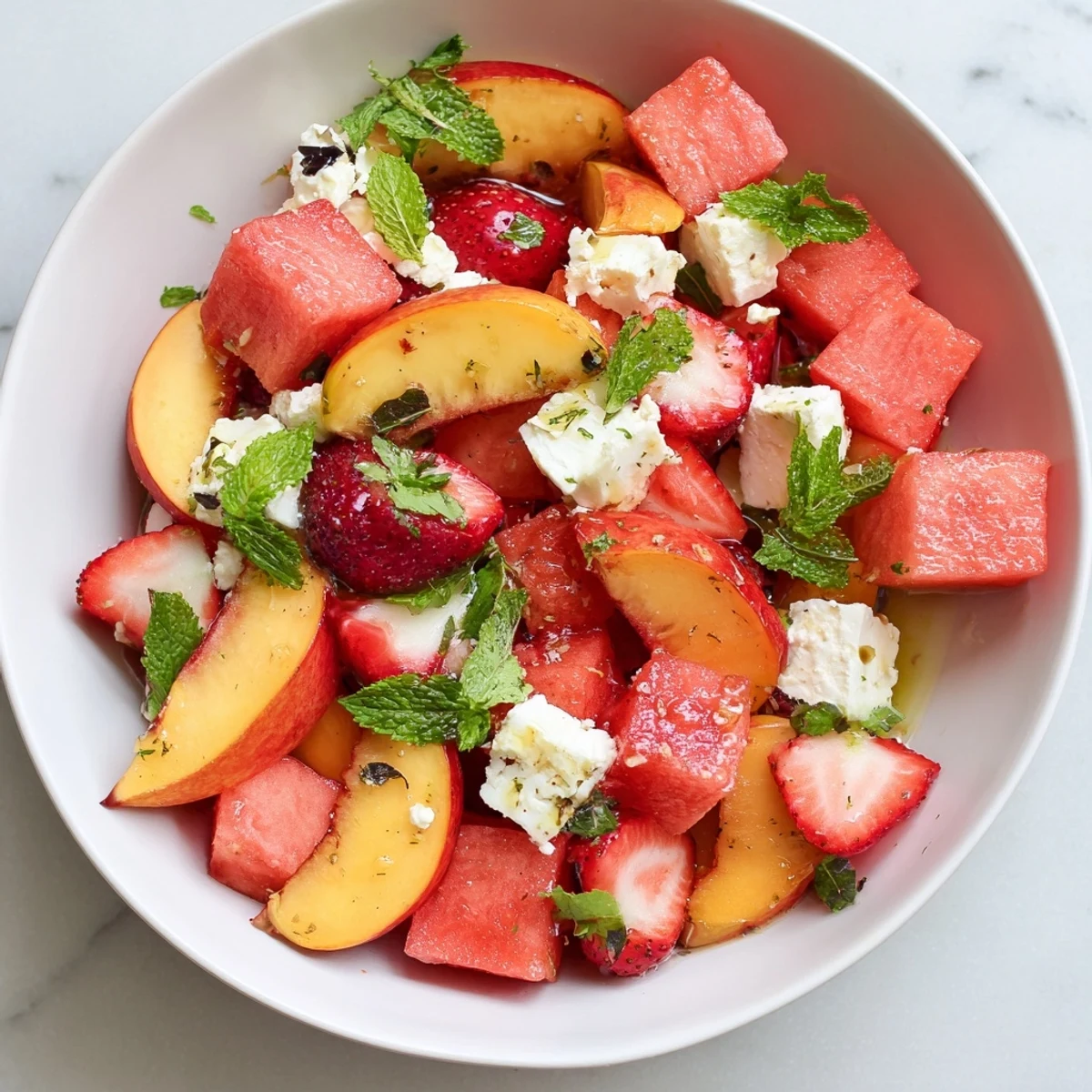 Colorful summer peach watermelon salad drizzled with zesty lime dressing and garnished with fresh mint leaves