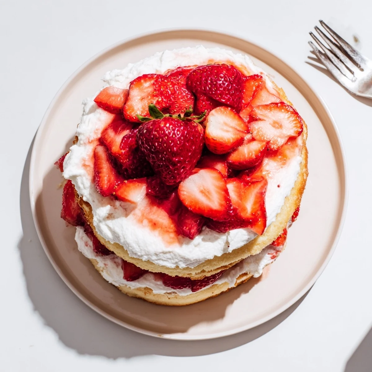Golden vanilla layer cake stacked with juicy macerated strawberries and clouds of sweet whipped cream