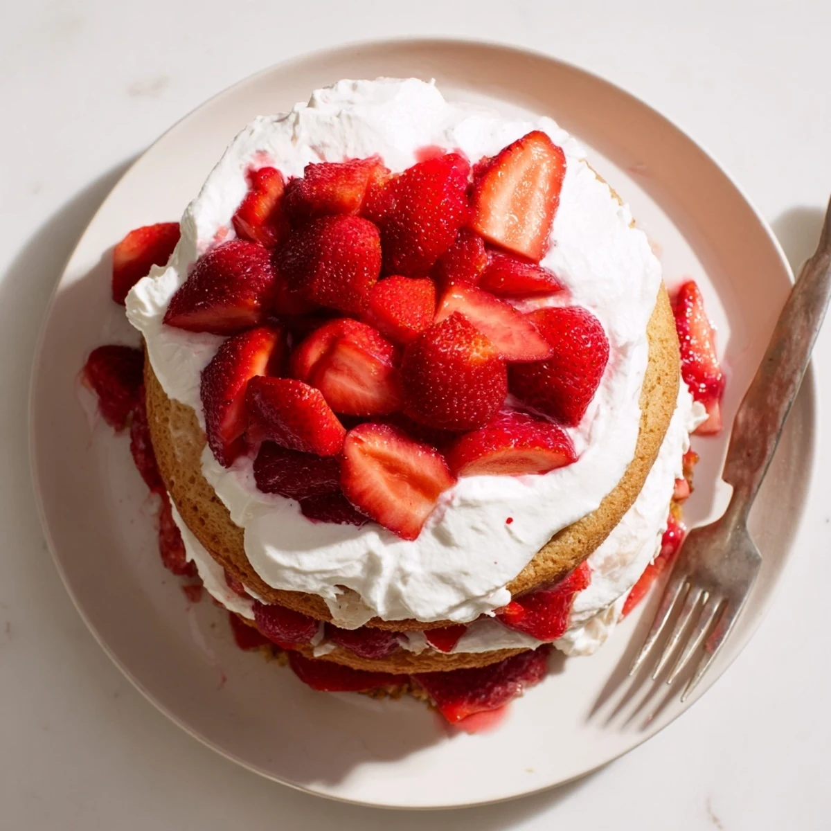 Triple-layer strawberry shortcake cake with fresh red berries peeking through fluffy white frosting