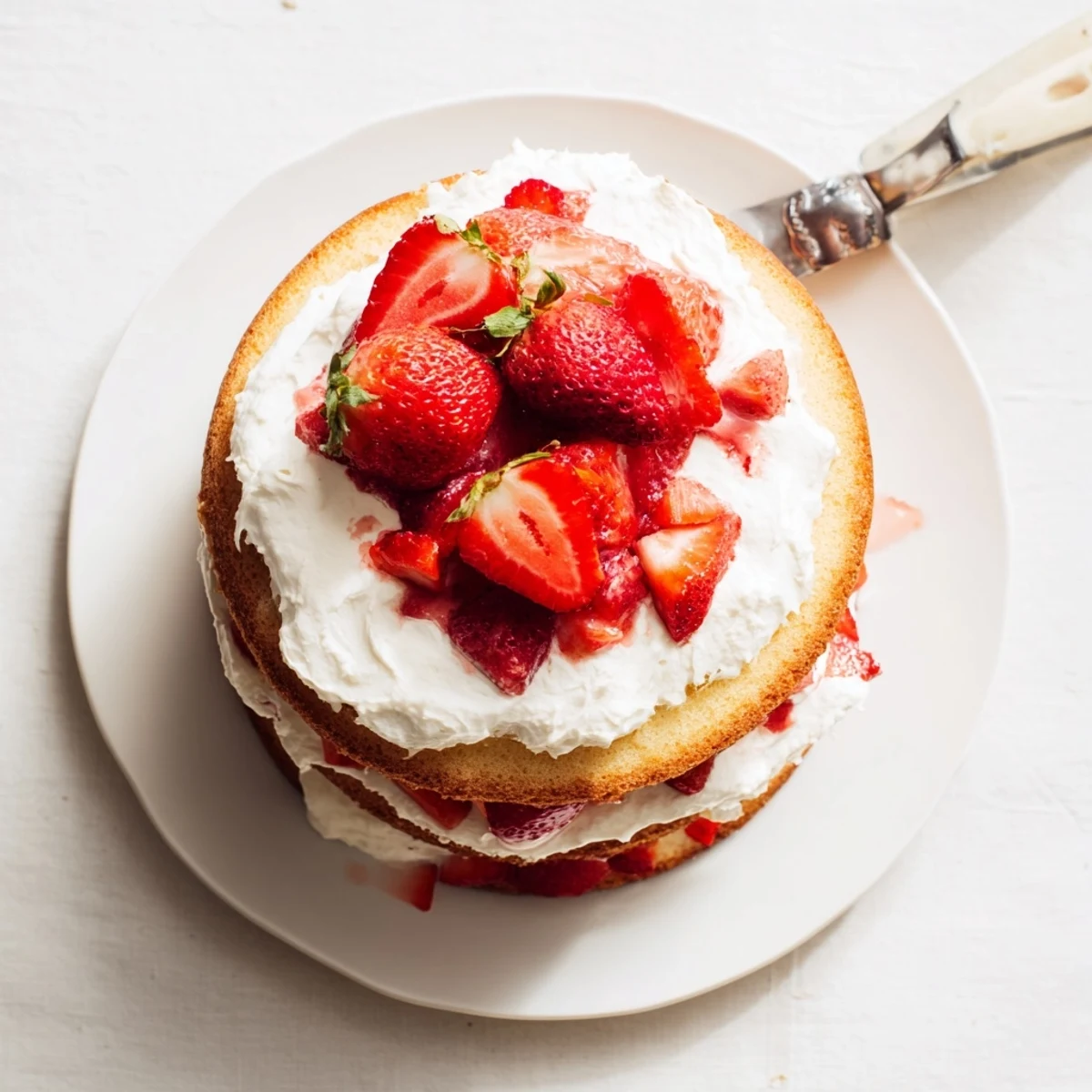 Light and airy dessert cake filled with sweet strawberry slices and rich vanilla cream frosting