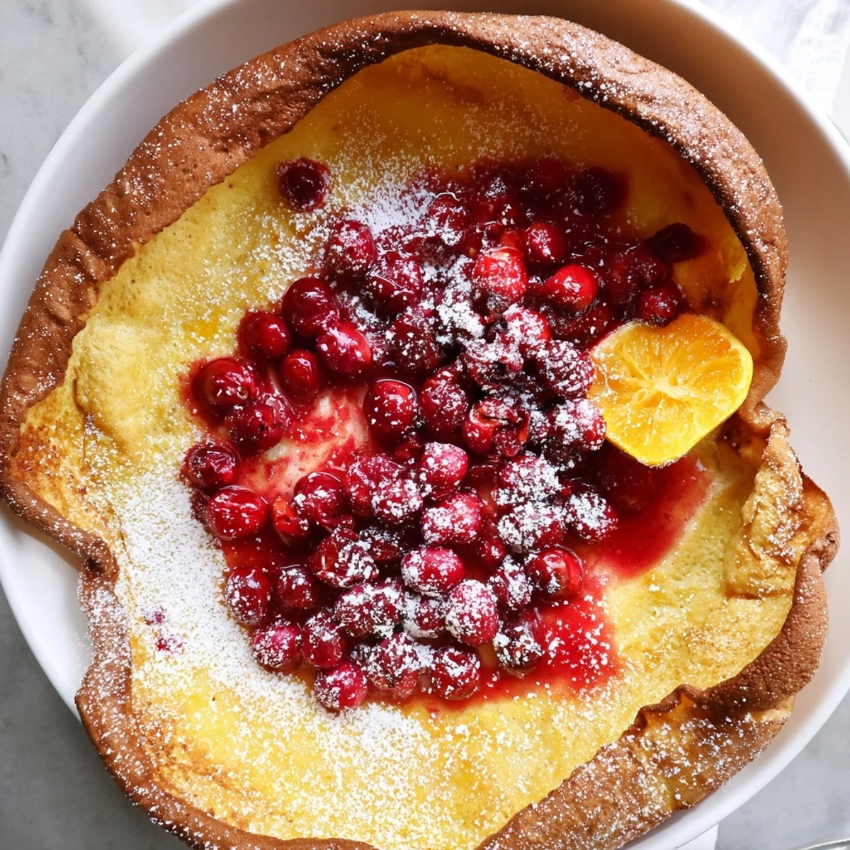 Fluffy oven-baked Dutch Baby rising high with tangy cranberry sauce drizzled over the golden crust