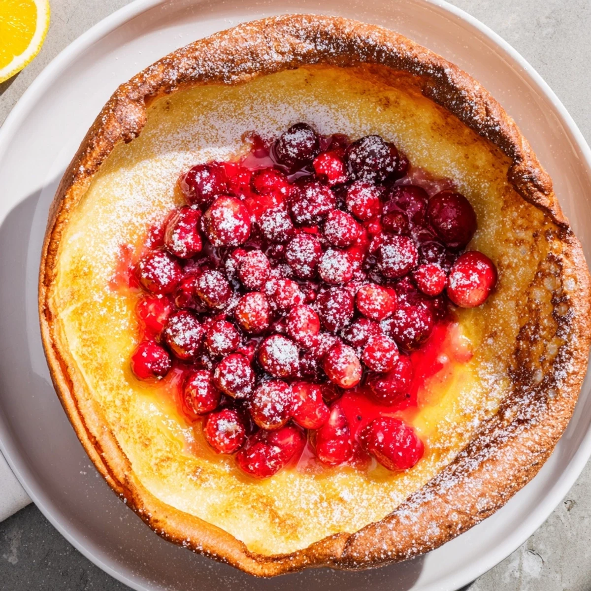 Golden Dutch Baby pancake topped with vibrant ruby-red cranberry compote and powdered sugar dusting