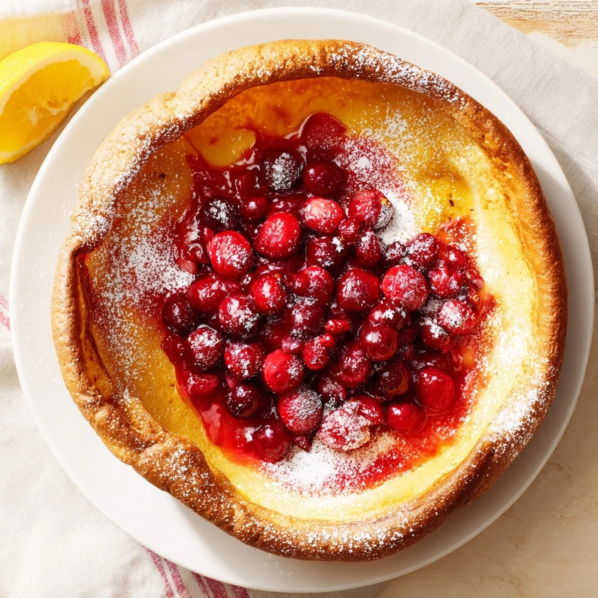 Warm skillet Dutch Baby served with sweet homemade cranberry compote for a cozy brunch dessert