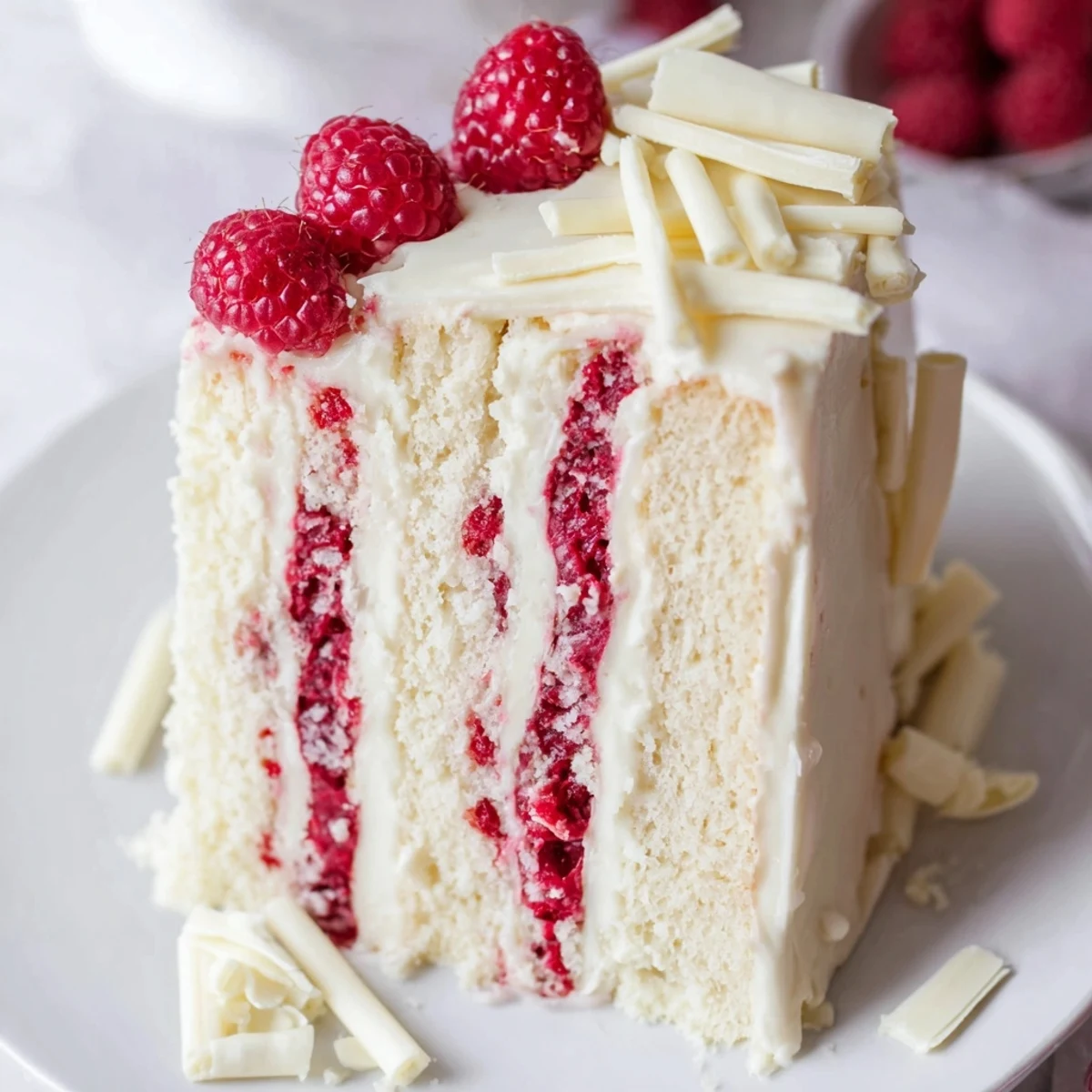 White chocolate raspberry dream cake layered with tart raspberry filling and creamy white chocolate frosting