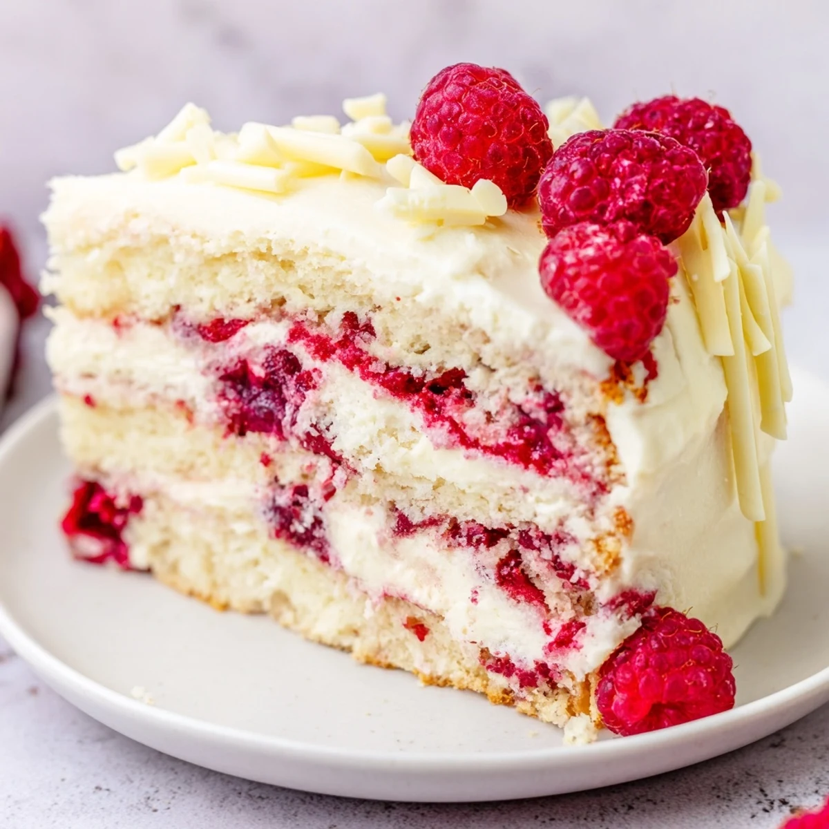 Elegant slice of white chocolate raspberry dream cake topped with fresh raspberries on a dessert plate