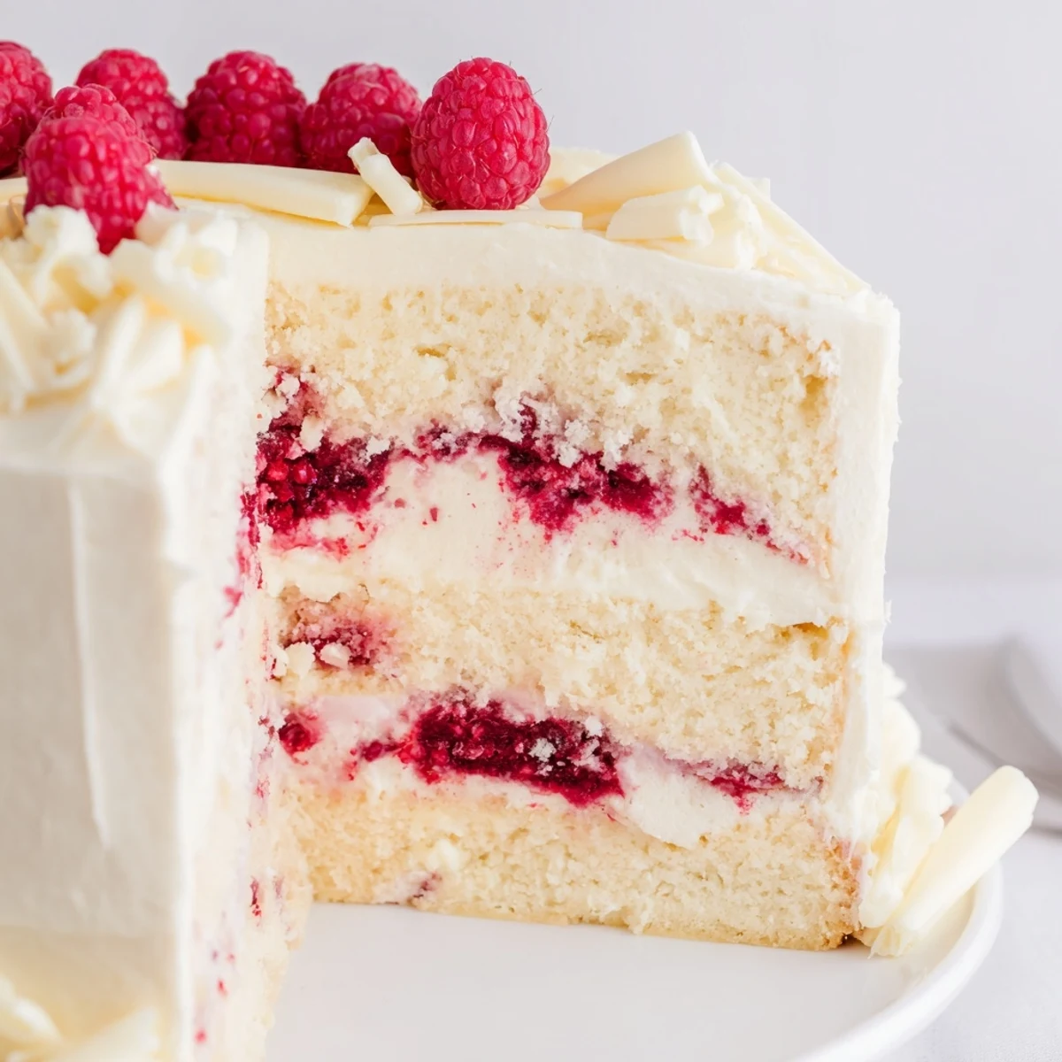 Triple layer white chocolate raspberry dream cake with pink raspberry filling peeking through smooth white frosting