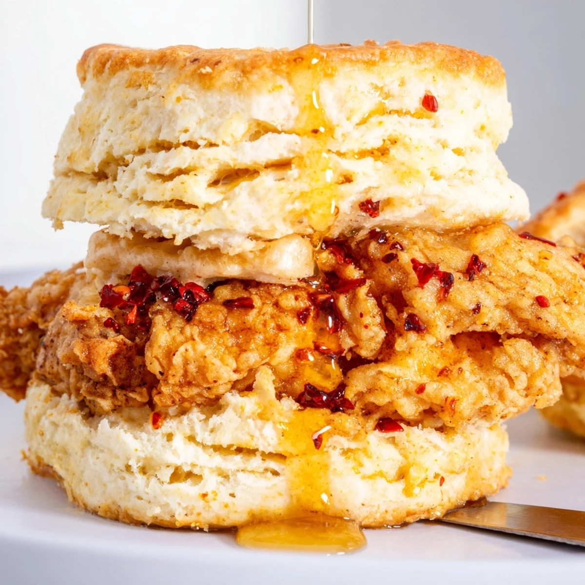 Golden brown butterm biscuit sandwich stacked with crispy fried chicken drizzled in spicy honey