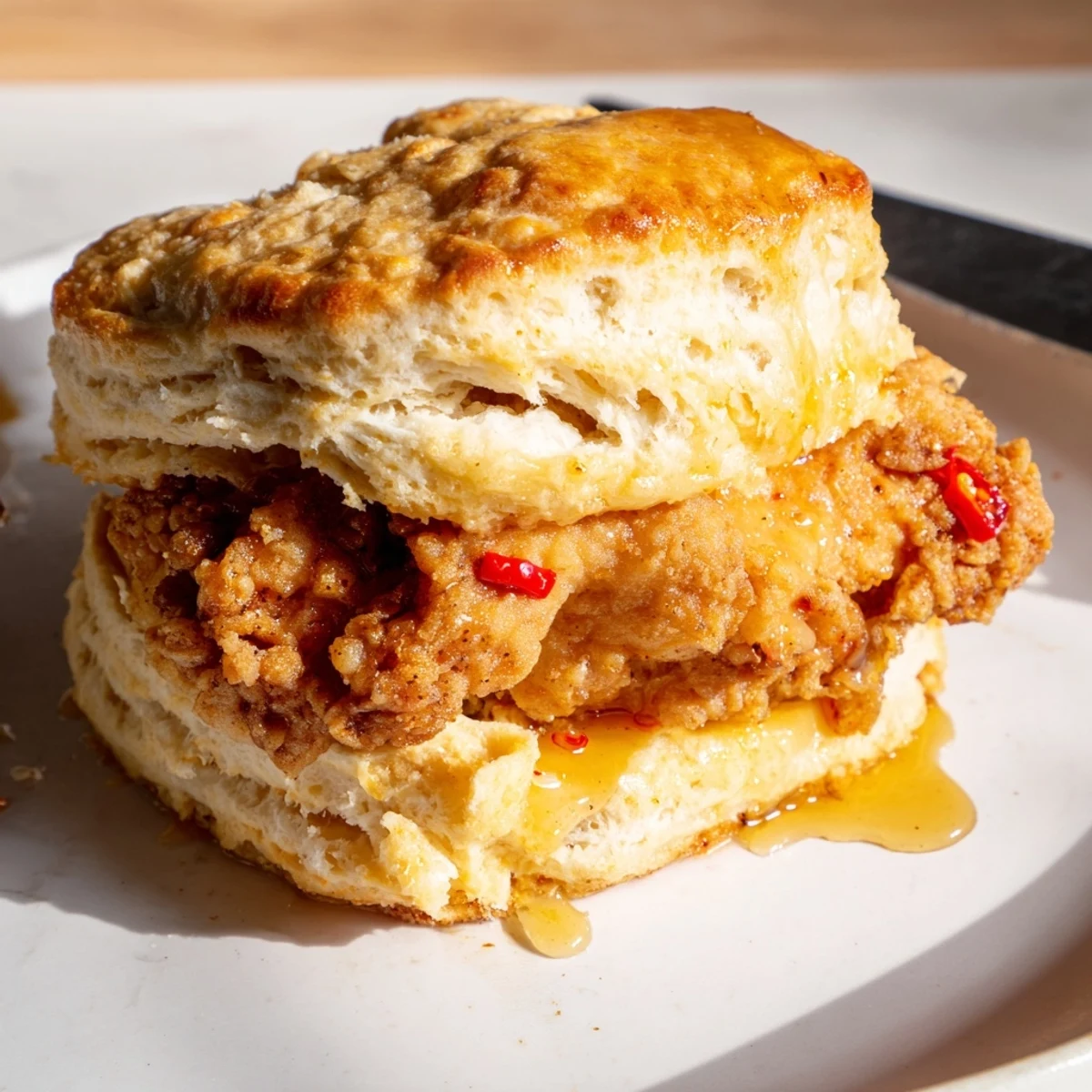 Southern style hot honey chicken biscuits featuring golden fried meat between fluffy buttermilk biscuits