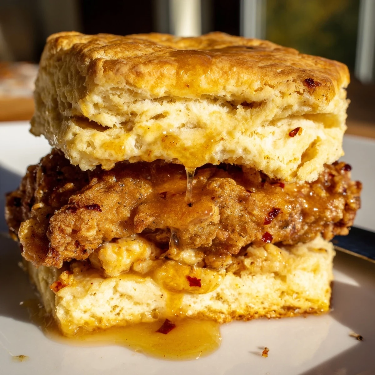 Split biscuit filled with crunchy fried chicken topped with sweet and spicy hot honey glaze