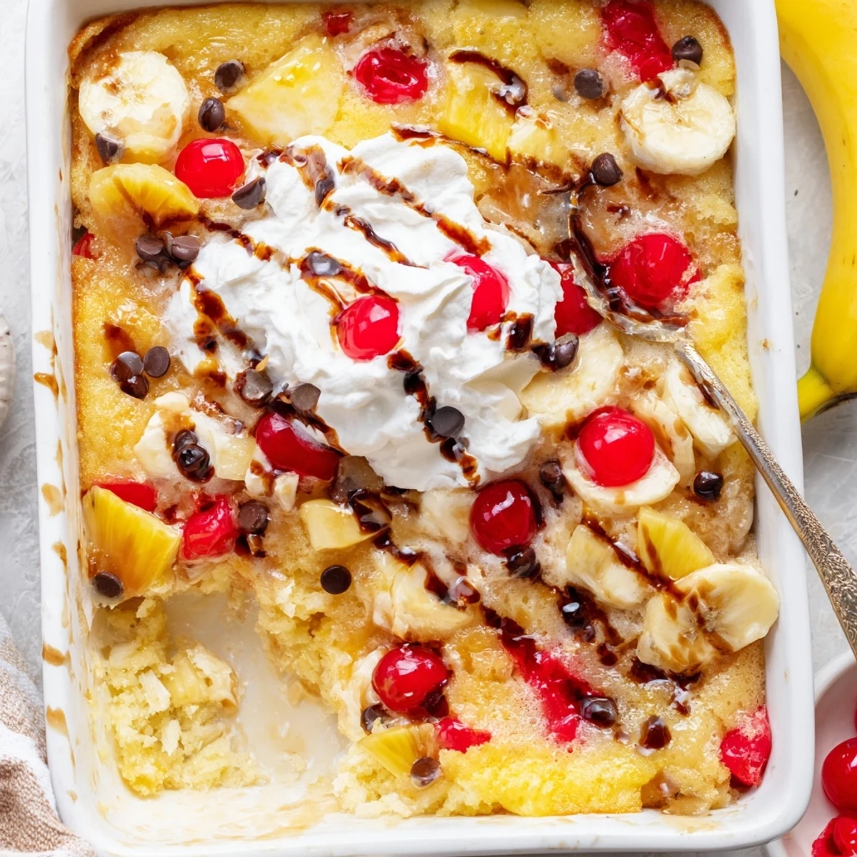 Golden baked banana split dump cake topped with whipped cream, chocolate syrup, and maraschino cherries