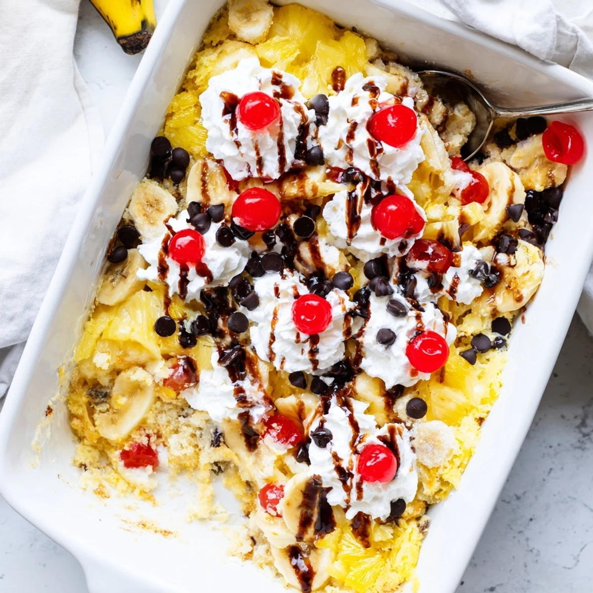 Warm fruit-filled banana split dump cake served with vanilla ice cream and extra cherry garnish