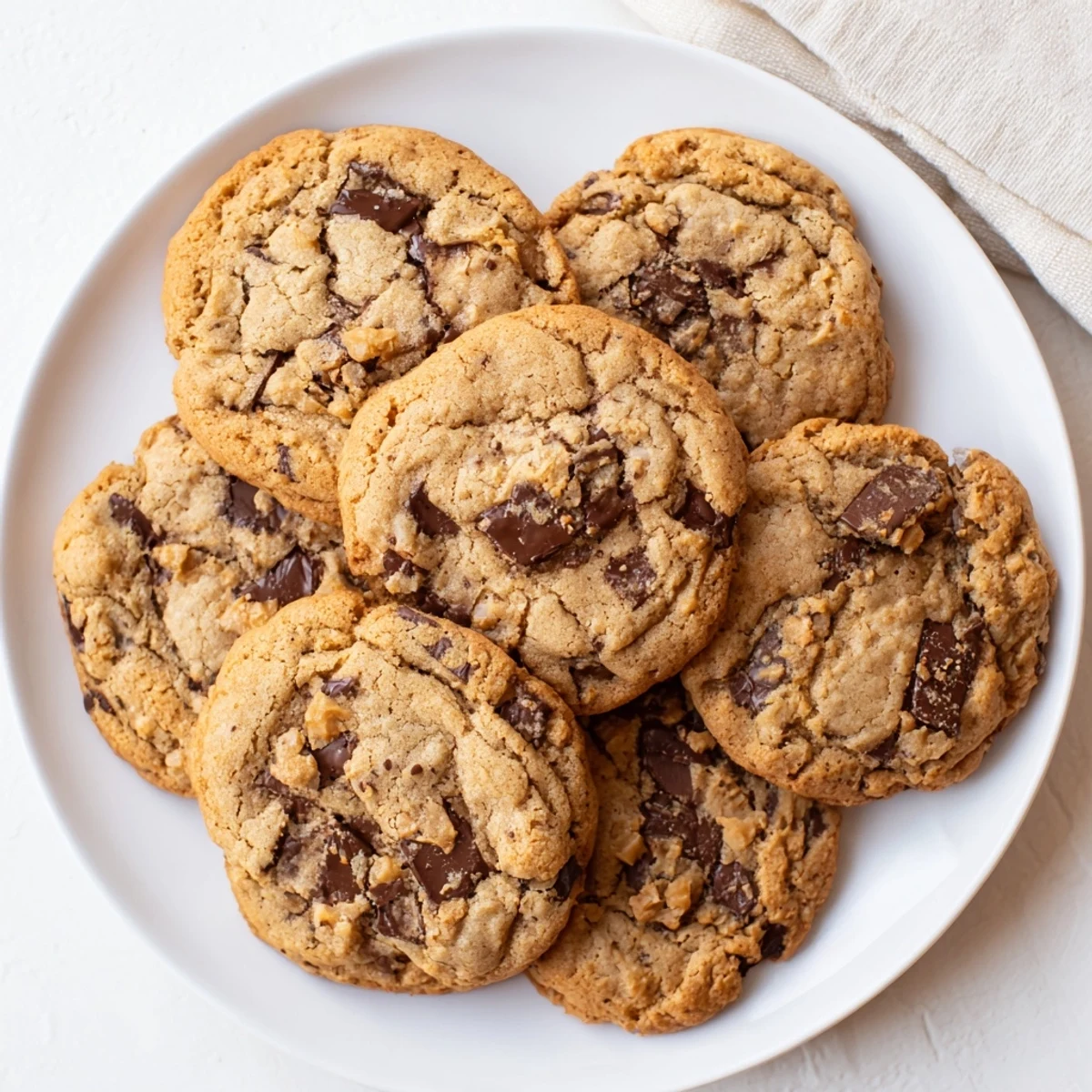 Chewy brown butter chocolate chip cookies stacked on a white plate with glass of milk
