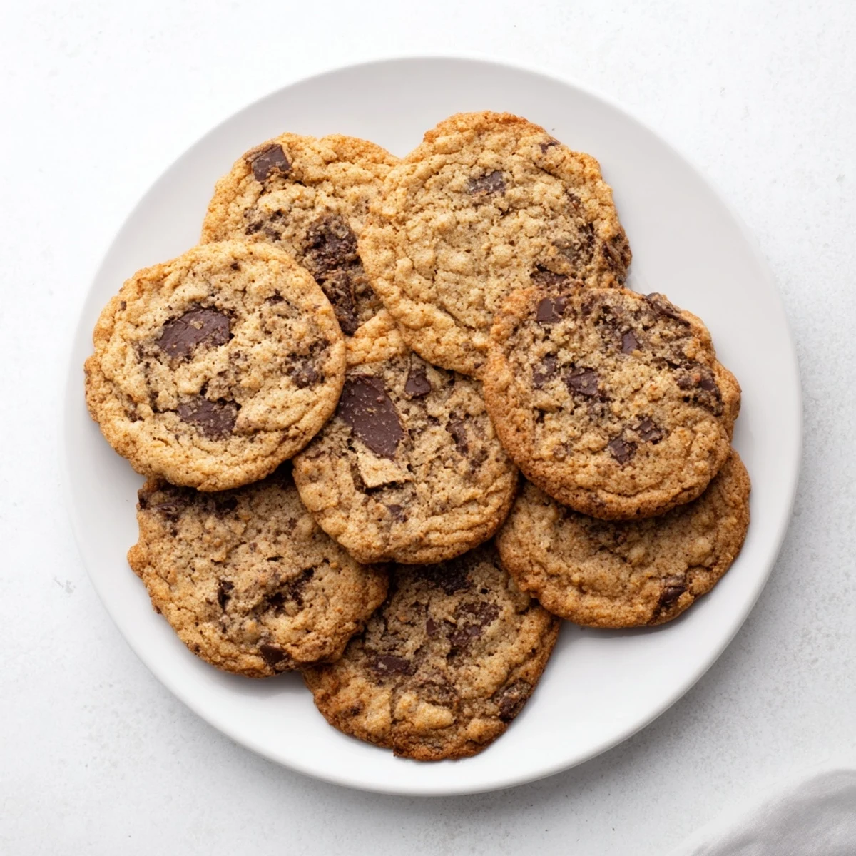 Freshly baked brown butter chocolate chip cookies cooling on wire rack with sea salt