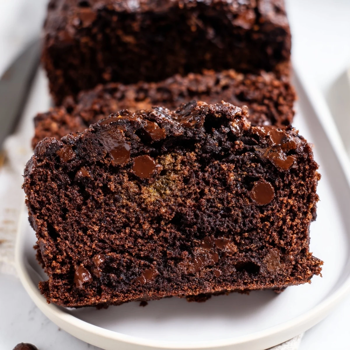 Slice of chocolate espresso banana bread showing moist dark crumb with melted chocolate chips throughout