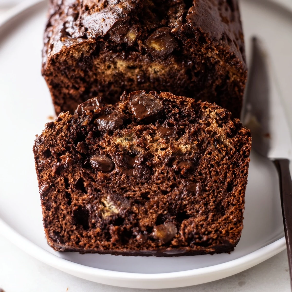 Two thick slices of chocolate espresso banana bread served on white plate with coffee cup nearby