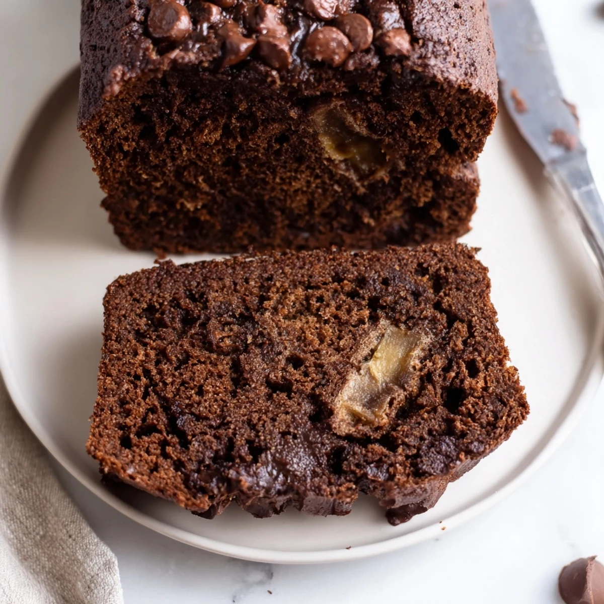 Freshly baked chocolate espresso banana bread loaf sliced on wooden board with steam rising