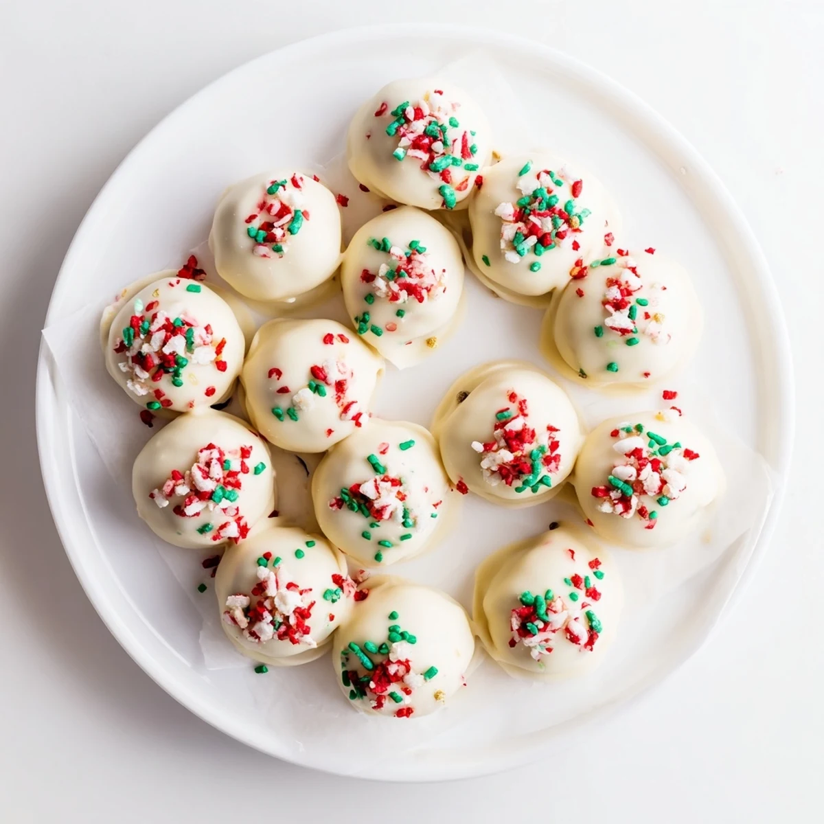 Golden Oreo truffles dipped in smooth white chocolate topped with festive red and green sprinkles for holiday parties