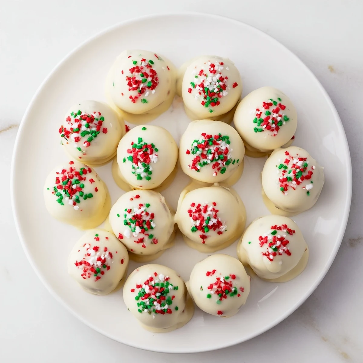 Plate of no-bake Christmas Golden Oreo truffles coated in creamy vanilla candy coating with crushed candy cane pieces