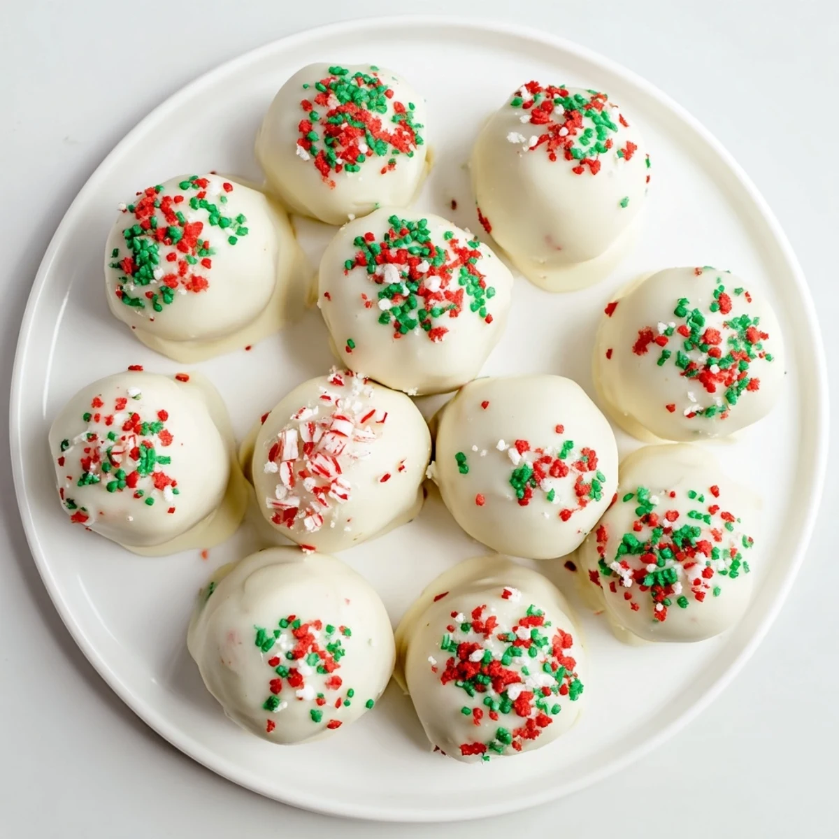 Snowy white chocolate covered Christmas Golden Oreo truffles arranged on serving platter with edible glitter and holiday decorations