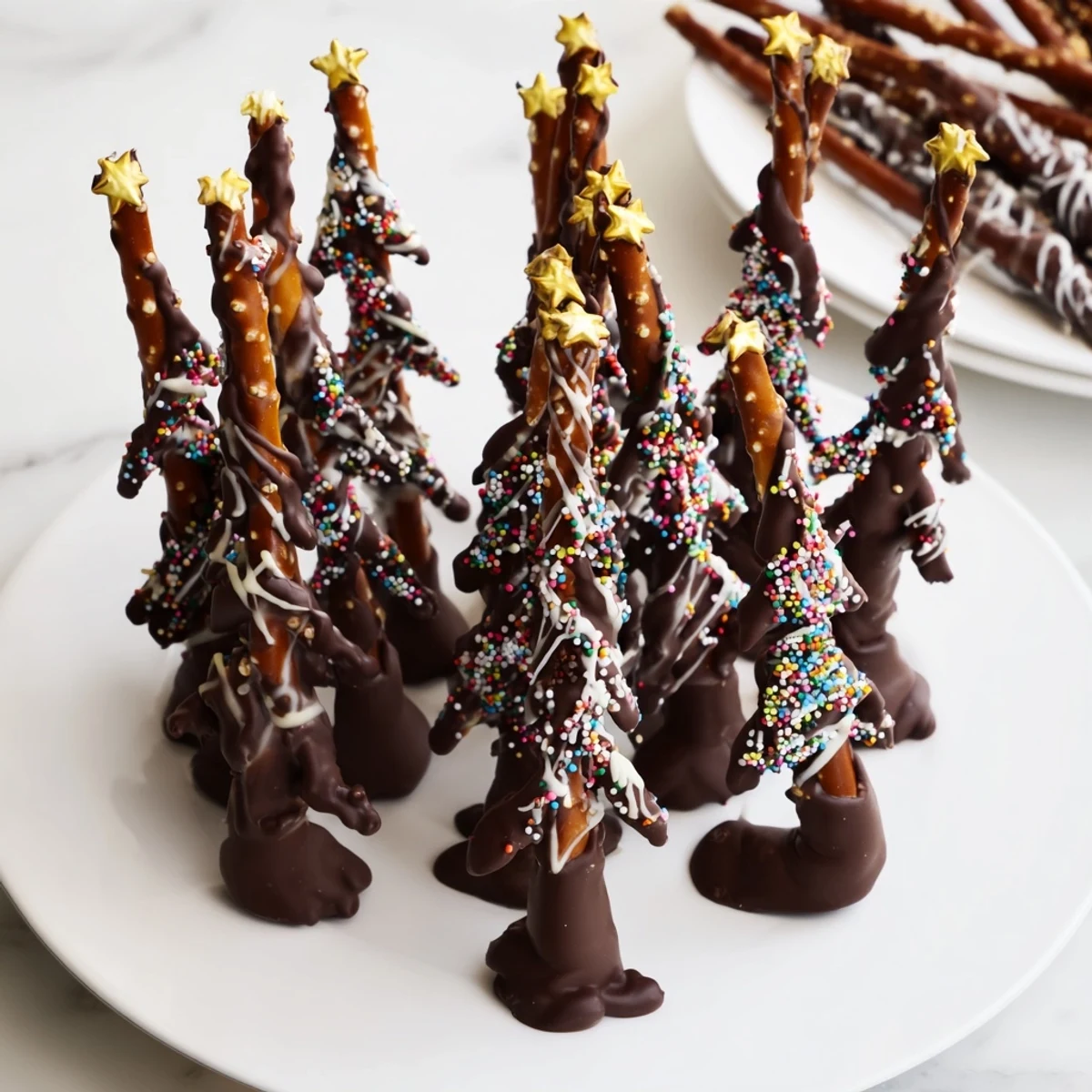 Festive chocolate pretzel trees drizzled with white chocolate and topped with colorful sprinkles