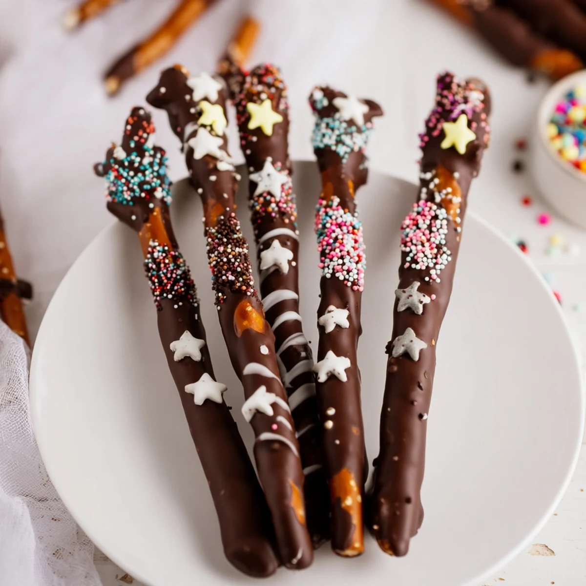 Easy chocolate pretzel trees arranged on parchment paper with candy star toppers and sprinkles