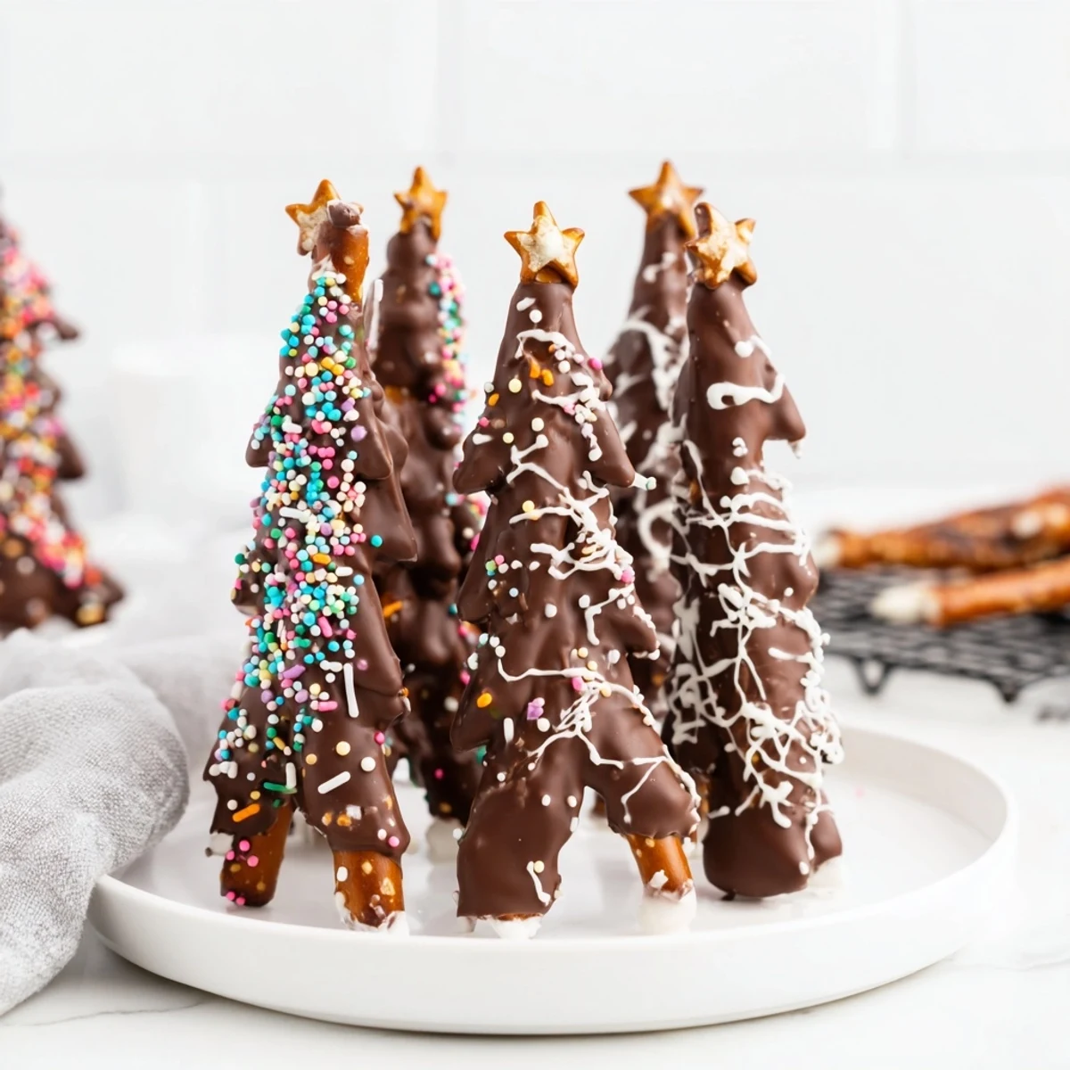 Salty pretzel rods dipped in smooth semisweet chocolate decorated like miniature holiday Christmas trees