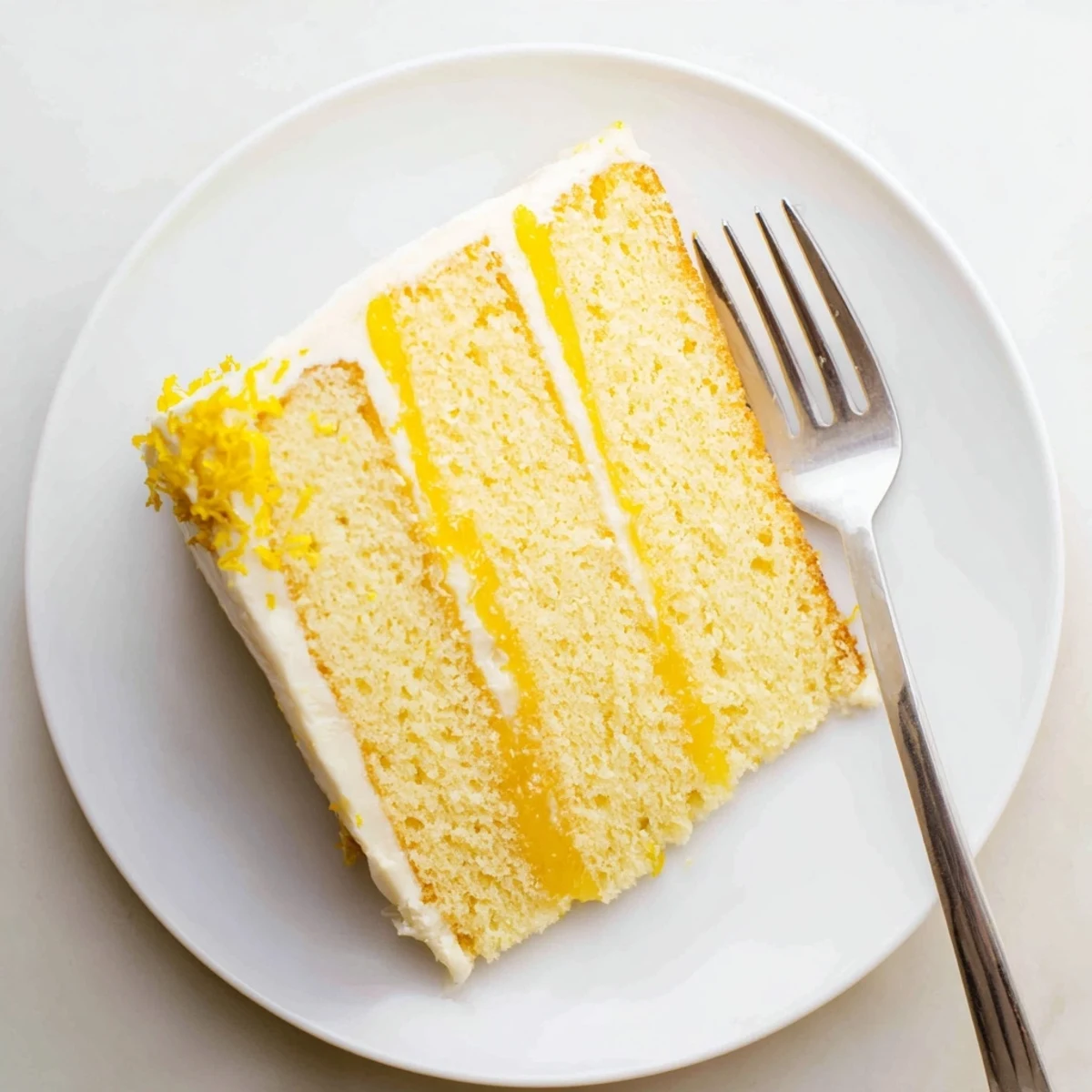 Golden lemon layer cake with tart curd filling and creamy white buttercream frosting