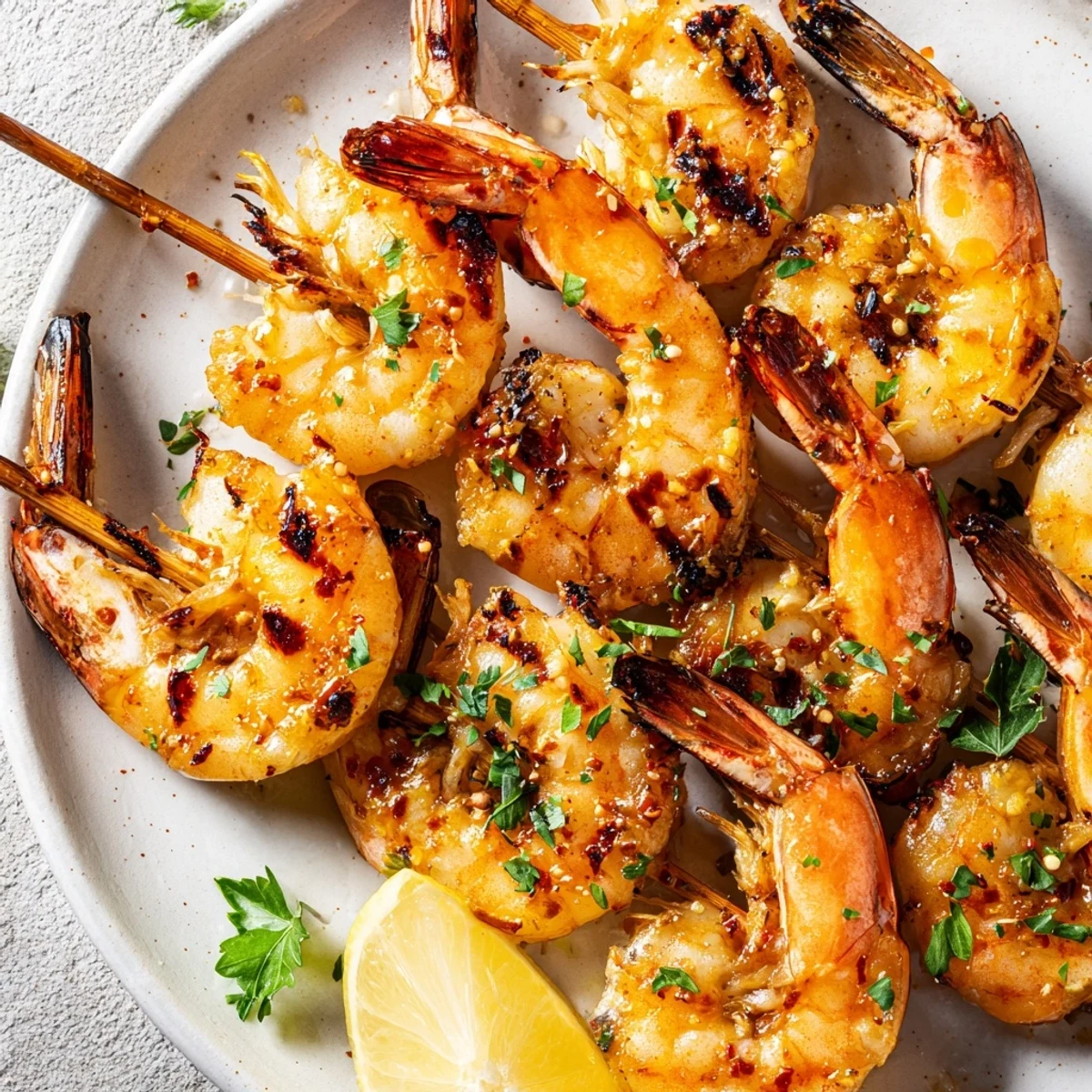 Marinated Grilled Shrimp sizzling on grill skewers, bright lemon wedges nearby