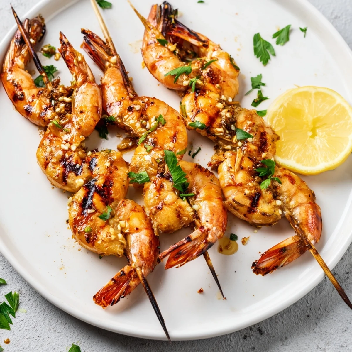 Plump Marinated Grilled Shrimp brushed with garlic-lemon marinade, garnished with parsley