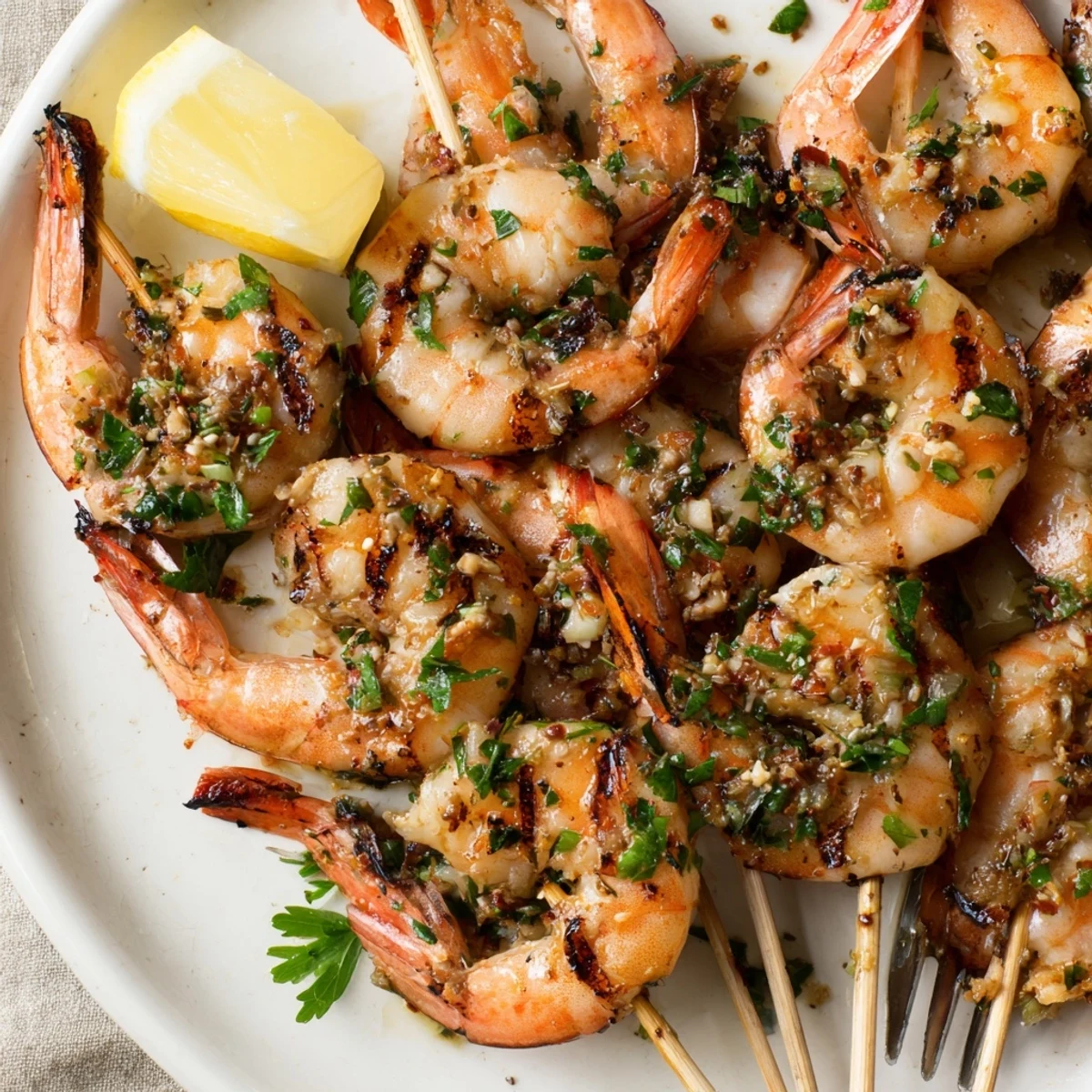 Zesty Marinated Grilled Shrimp skewers served over rice with lemon wedges