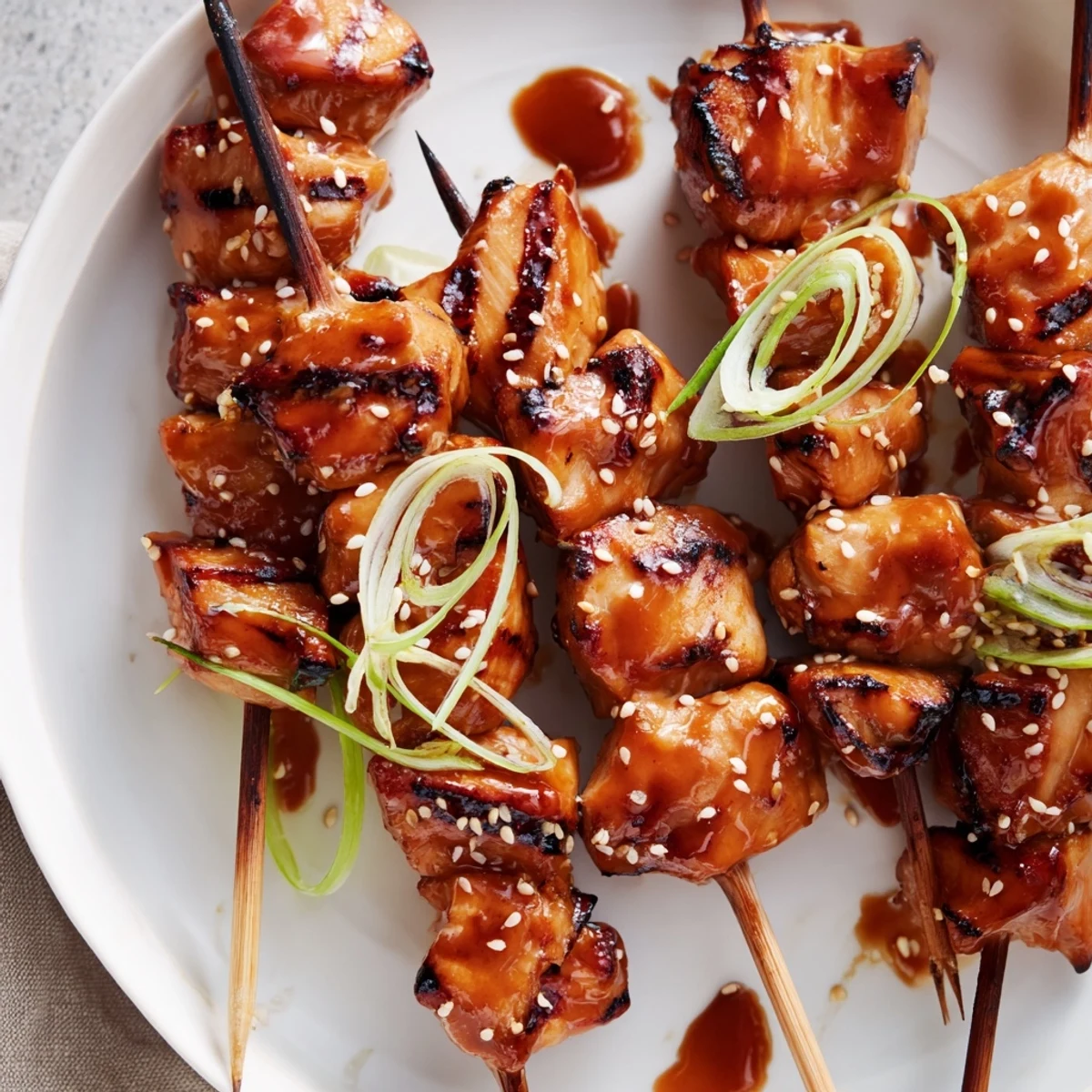Bang Bang Chicken Skewers glistening with spicy creamy sauce, charred edges visible
