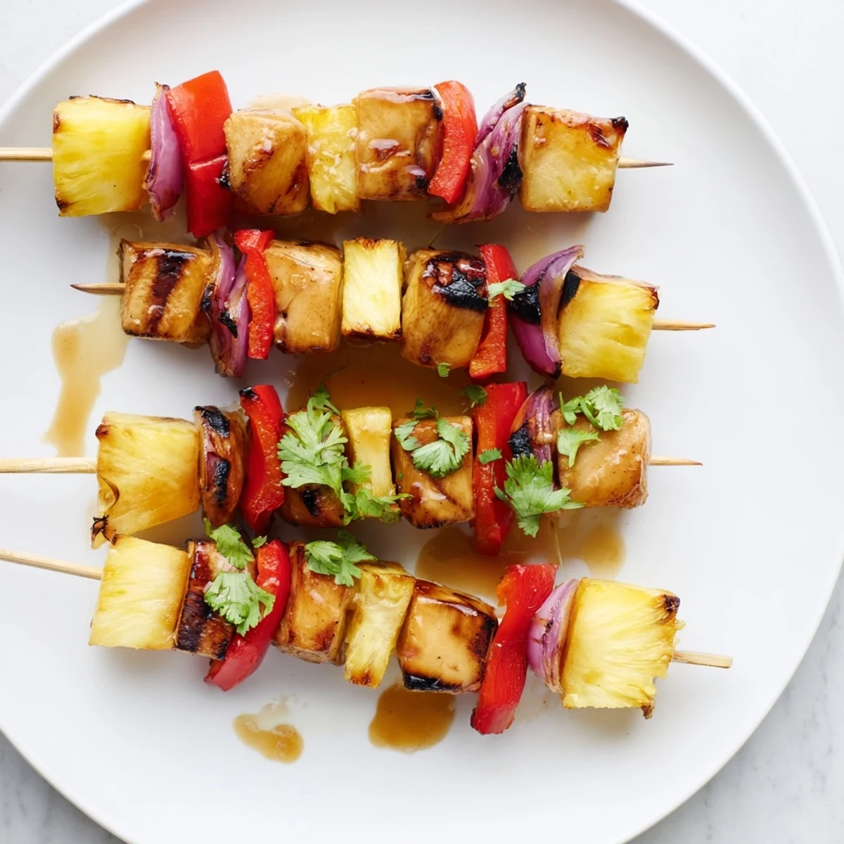 Skewers of charred chicken and red pepper, Pineapple Chicken Kabobs plated with cilantro