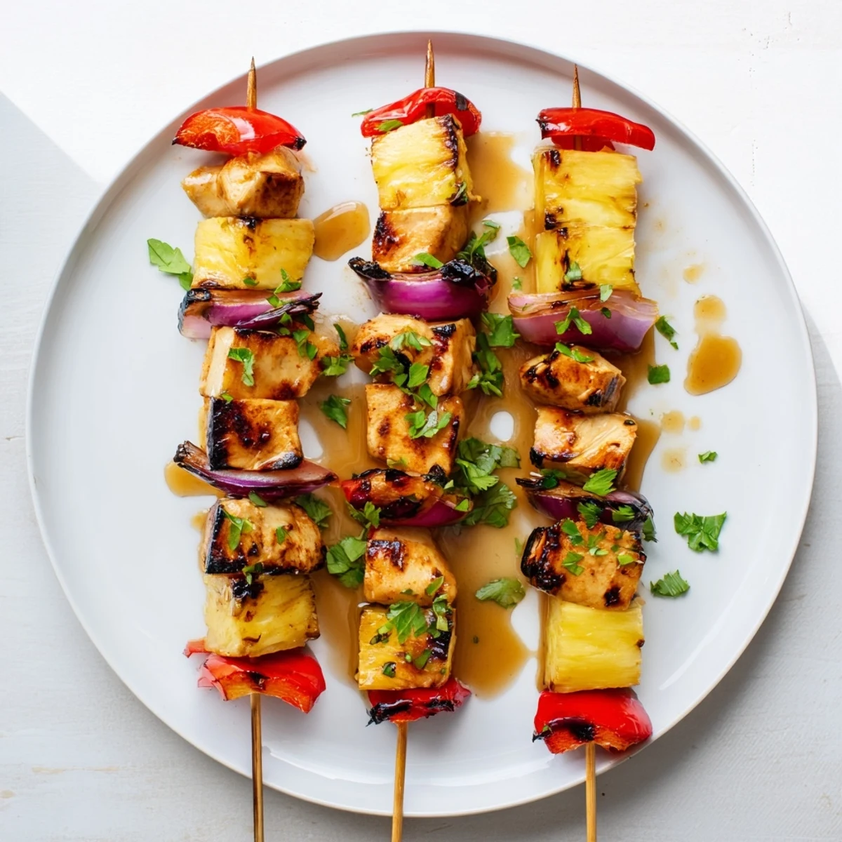 Pineapple Chicken Kabobs sizzling on grill with charred pineapple and cilantro
