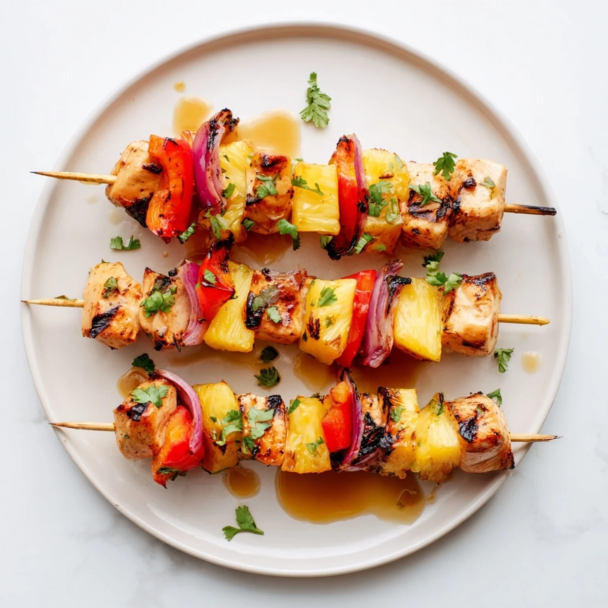 Juicy Pineapple Chicken Kabobs glazed in honey-lime marinade, served with rice