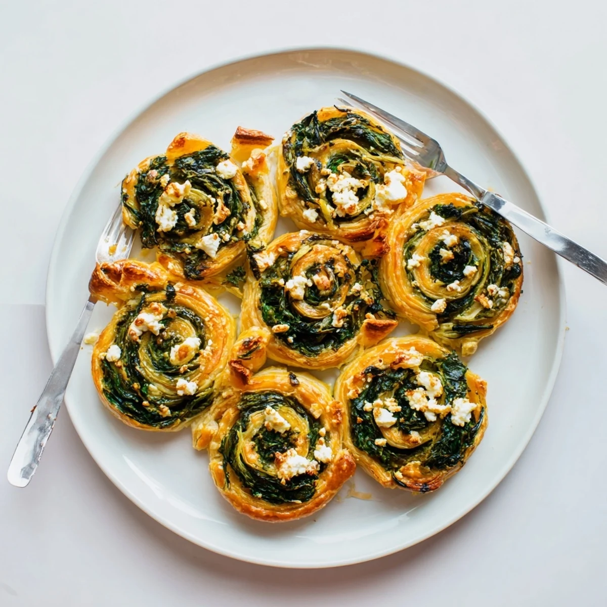 Savory spiral pastry filled with creamy spinach feta mixture arranged on serving platter