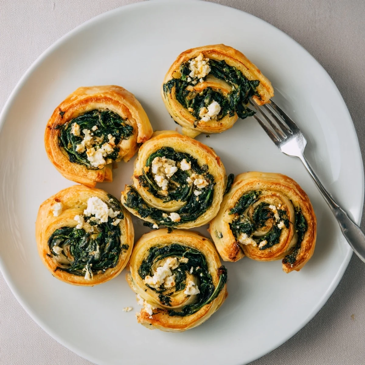 Golden gluten free spinach and feta pinwheels baked on a parchment lined baking sheet